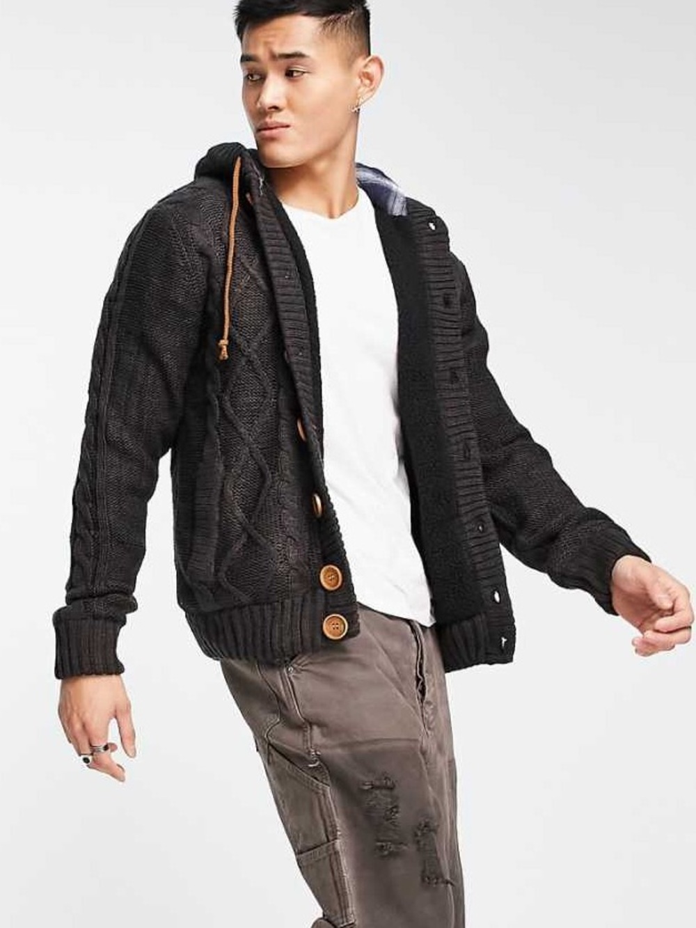 American Stitch Men’s Sherpa Lined Cable Knit Hooded Cardigan Black Size L